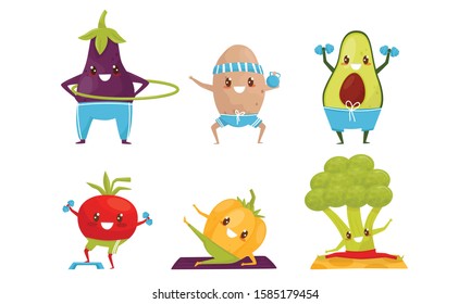 Sportive Vegetables Cartoon Character Doing Fitness Exercises Collection, Healthy Lifestyle Concept Vector Illustration
