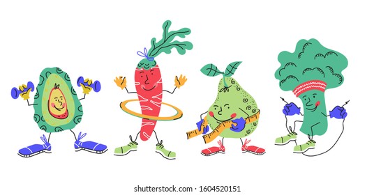 Sportive vegetables and fruits - avocado, carrot, pear and broccoli cartoon characters doing workout exercises, vector illustration isolated. Fitness and healthy lifestyle, dieting and sports.