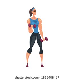 Sportive Woman Exercising with Dumbbells, Girl Doing Physical Workout in Gym or Home, Healthy Lifestyle Concept Cartoon Style Vector Illustration