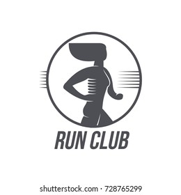 Sportive woman jogging, running marathon brand, logo design icon pictrogram silhouette. Female adult character illustration with run club inscription. Isolated flat illustration on a white background.
