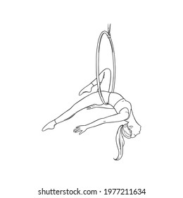 Sportive woman performing aerial dance in the hoop. Woman acrobat in the ring. Sketch vector illustration
