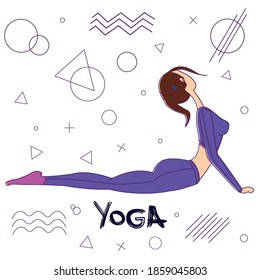 Sportive woman in a pose of a cobra on a background of geometric shapes. Vector girl doing stretching. Illustration for sports blogs, websites, fitness centers, sporting goods.