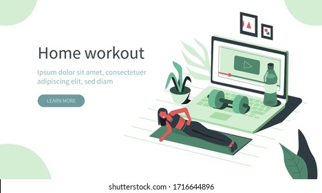 Sportive Woman Training at Home and Watching video with Exercises on Laptop.  Girl in Sportswear Exercising in Living Room. Fitness and Healthy Sport Concept. Flat Isometric Vector Illustration.