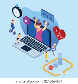 Sportive Woman watching online sport lesson and fitness course on laptop computer isometric 3d vector illustration concept