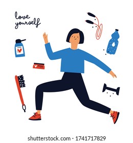 Sportive young lady with sports equipment and body cosmetics. Love yourself. Woman doing yoga, training. Healthy lifestyle concept illustration in flat style isolated on white background 