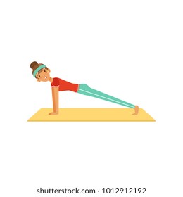 Sportive young woman character doing the push up exercise, girl working out in the fitness club or gym colorful vector Illustration