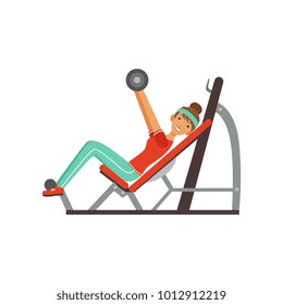 Sportive young woman character exercising with barbell on a bench press, girl working out in the fitness club or gym colorful vector Illustration