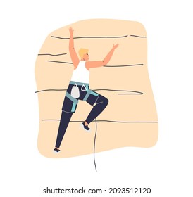 Sportive young woman climbing wall. Female athlete climber handing on rock climbing. Extreme sport and fitness concept. Cartoon flat vector illustration