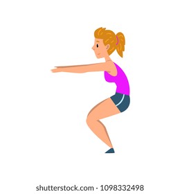 Sportive young woman doing squats, active healthy lifestyle concept cartoon vector Illustration on a white background