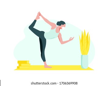 Sportive young woman doing yoga & fitness exercises. Sport during quarantine. Can be used for poster, banner, flyer, card, website. Warming up, stretching. Flat cartoon vector. Light blue, yellow.