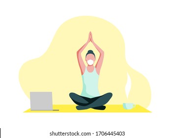 Sportive young woman doing yoga & fitness exercises. Sport during quarantine. Can be used for poster, banner, flyer, card, website. Warming up, stretching. Flat cartoon vector. Light blue, yellow.