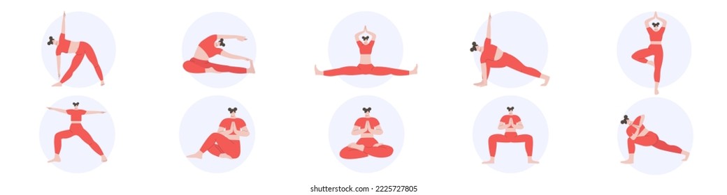 Sportive young woman doing yoga and fitness exercises. Healthy lifestyle. Collection of characters demonstrating yoga