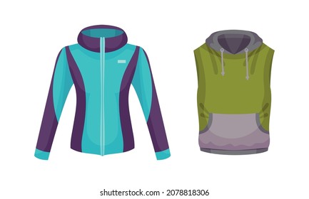 Sportive Zippered Track Jacket with Long Sleeves and Sleeveless Vest with Hood Vector Set
