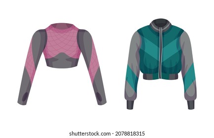Sportive Zippered Track Jacket with Long Sleeves Vector Set
