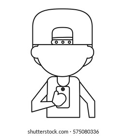 sportman character using smartphone thin line