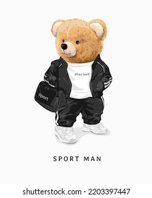 sportman slogan with bear doll in sport tracksuit carrying bag vector illustration