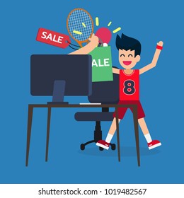 sportman very happy in front computer, sport equipment Discount. Fast delivery service on computer, shopping online. Vector illustration