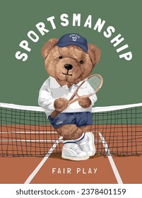 eslogan deportivo con muñeco de oso lindo jugador de tenis en pista de tenis ilustración vectorial