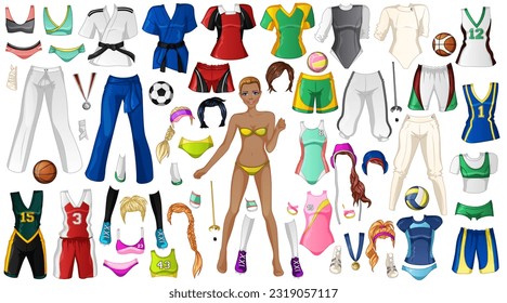 Deportes 2 muñecas de papel con natación, artes marciales, fútbol, balonmano, waterpolo, vallado, equipo de baloncesto, peinados y zapatos. Ilustración vectorial