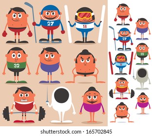 Sports 2: Set of cartoon characters representing different sports. No transparency and gradients used.