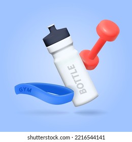 Sports 3d elements, a bottle of water, a kettlebell, an elastic band for sports.