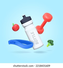 Sports 3d elements, a bottle of water, a kettlebell, an elastic band for sports.