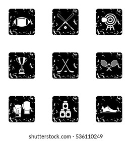 Sports accessories icons set. Grunge illustration of 9 sports accessories vector icons for web