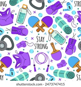 Sports accessories seamless vector pattern. Gym equipment for yoga, fitness, running, exercise. Ping pong paddles, jump rope, boxing gloves, kettlebell, water bottle. Stay strong, purple background