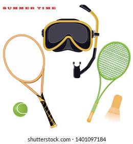 Sports accessories for summer holidays - diving mask, tennis racket, ball, badminton, shuttlecock - isolated on white background - vector