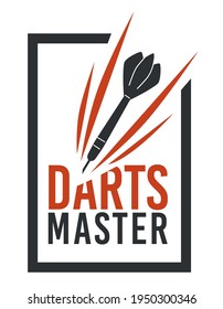 Sports or accuracy skill, dart master label or emblem with inscription, frame and arrow with needle. Speed and strategy to win game. Hobby or leisure for rest and relaxation. Vector in flat style