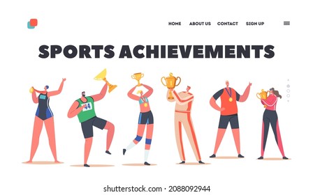 Sports Achievements Landing Page Template. Young Smiling Happy Sportsmen and Sportswomen Characters Holding Golden Trophy in Hands Feeling Glad to Win Competition. Cartoon People Vector Illustration