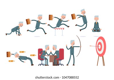 sports achievements, ready at the start, run, jump over obstacles, meditation, dodges, competes. elderly businessman. cartoon character set