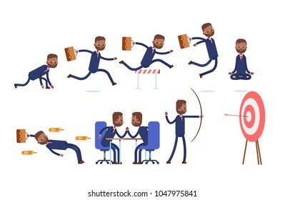 sports achievements, ready at the start, run, jump over obstacles, meditation, dodges, competes. indian businessman. cartoon character set