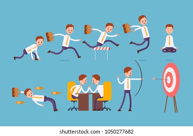 sports achievements, ready at the start, run, jump over obstacles, meditation, dodges, competes. businessman. cartoon character set