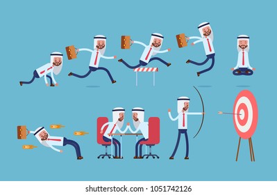 sports achievements, ready at the start, run, jump over obstacles, meditation, dodges, competes. Arab saudi businessman. cartoon character set