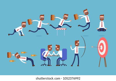 sports achievements, ready at the start, run, jump over obstacles, meditation, dodges, competes. businessman. cartoon character set