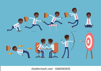 sports achievements, ready at the start, run, jump over obstacles, meditation, dodges, competes. Black businessman. cartoon character set