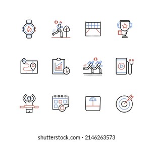 Sports achievements and training - line design style icons set with editable stroke. Running competition, finish line, prize, champion, distance route, goal and target, smartphone, competitive spirit - Shutterstock ID 2146263573