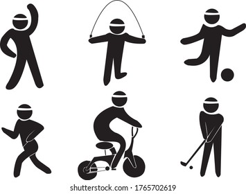 Icono de acción deportiva, Conjunto de siluetas vectoriales de personas en deportes, ilustración con diferentes siluetas deportivas aisladas en fondo blanco