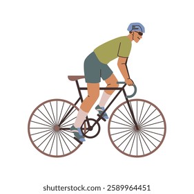 Sports and active lifestyle activities for men. Vector isolated cyclist in helmet on bike riding and training. Warming up and doing cardio exercises. Young and healthy personage on bicycle