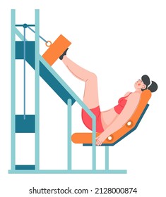 Sports and active lifestyle, isolated female character working out in gym strengthening body and muscles on legs and thighs. Health and wellness, athlete and achievement of results. Vector in flat