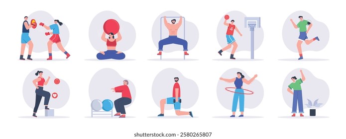 Sports activities for all ages, keep your body fit. Character design. Vector flat illustration packs