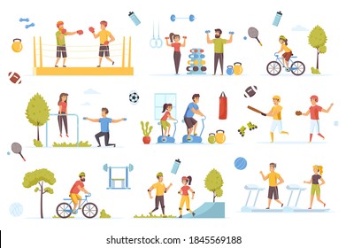 Sports activities bundle of flat scenes. Fitness and outdoor workout isolated set. Boxer, cyclist, runner, treadmill, roller skates, barbell, gym, baseball player elements. Cartoon vector illustration
