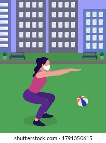 Sports activities in the city park. The woman in the mask squats. Physical exercise and gymnastics. Mask mode in post-quarantine time. Health care. Vector illustration.