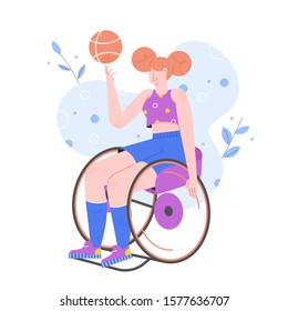 Sports activities for disabled persons. Girl in a wheelchair plays basketball. Paralympics. Trend vector flat character.