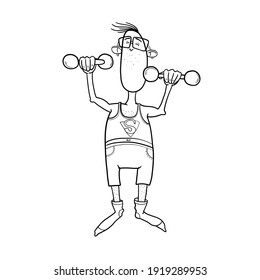 Sports activities, funny man with dumbbells. Vector illustration for design or textile print