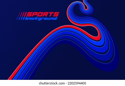 Sports activities games and racing vector linear background in 3D perspective rotation, dark red and blue dynamic layout with lines like a road or race.