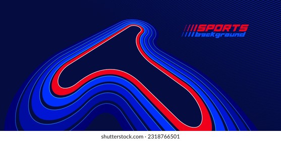 Sports activities games and racing vector linear background in 3D perspective rotation, dark red and blue dynamic layout with lines like a road or race.