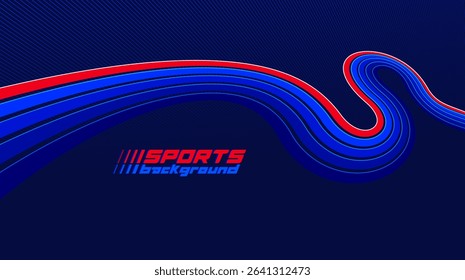 Sports activities games and racing vector linear background in 3D perspective rotation, dark red and blue dynamic layout with lines like a road or race.