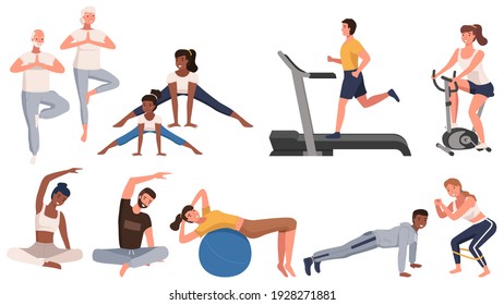 Sports activities scenes set. Training during quarantine. People go in for sports, doing yoga. Stay home concept. Man and woman doing exercise, train on the simulator. Vector characters isolated